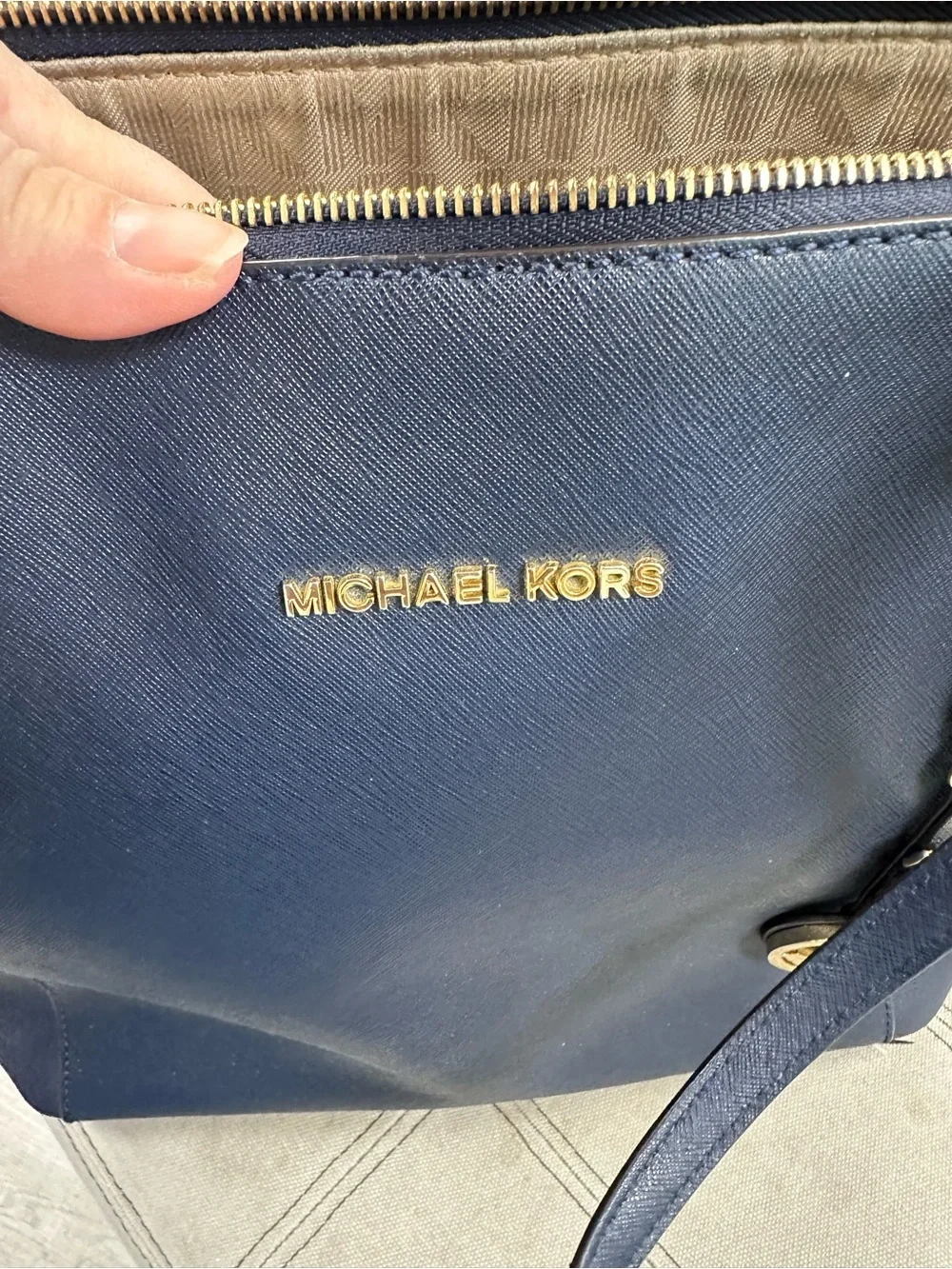 Michael Kors Navy Saffiano Leather Tote with Gold Hardware